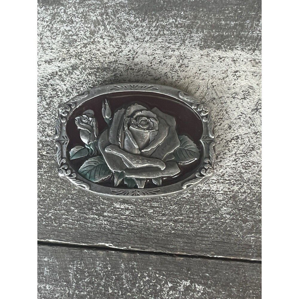 Beautiful Rose Flower Enamel Floral Theme Vintage 1995 C+J Inc. Belt Buckle
